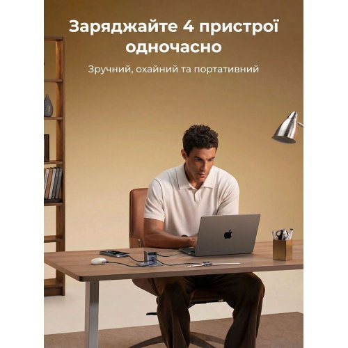Сетевое зарядное устройство Ugreen X616 GaN USB + 2 x USB Type-C with Retractable Cable 100W (65828) Black купить в Украине: Киев, Днепр, Харьков, Одесса  | Низкая цена, отзывы, характеристики от TELEMART фото