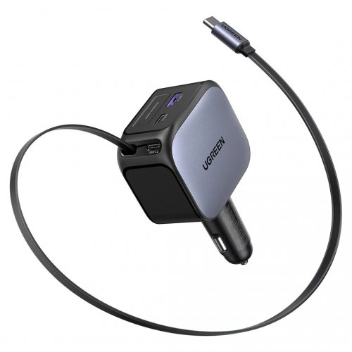 Автомобильное зарядное устройство Ugreen EC604 USB + 2 x USB Type-C with Retractable Cable 145W (55910B) Black купить в Украине: Киев, Днепр, Харьков, Одесса  | Низкая цена, отзывы, характеристики от TELEMART фото