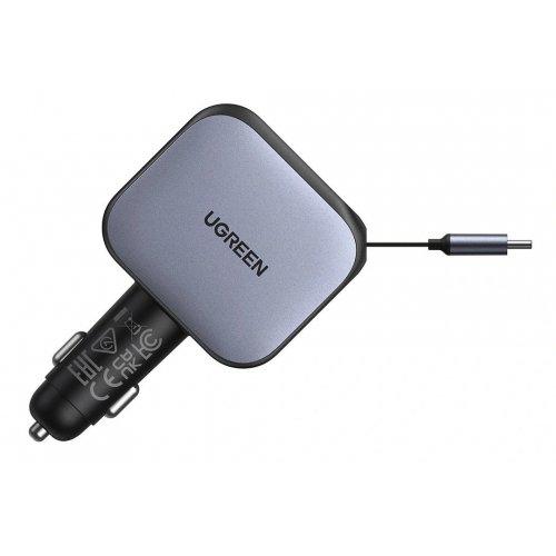 Автомобильное зарядное устройство Ugreen EC604 USB + 2 x USB Type-C with Retractable Cable 145W (55910B) Black купить в Украине: Киев, Днепр, Харьков, Одесса  | Низкая цена, отзывы, характеристики от TELEMART фото