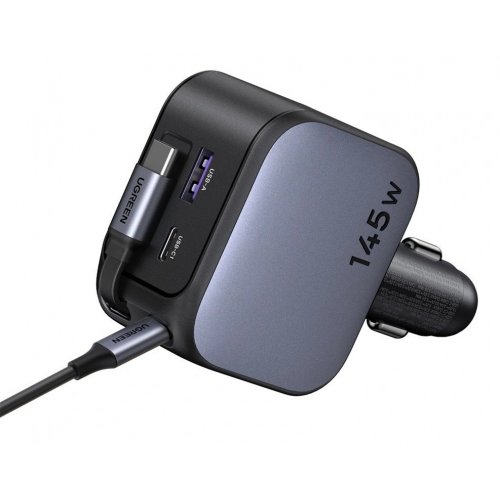Автомобильное зарядное устройство Ugreen EC604 USB + 2 x USB Type-C with Retractable Cable 145W (55910B) Black купить в Украине: Киев, Днепр, Харьков, Одесса  | Низкая цена, отзывы, характеристики от TELEMART фото