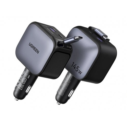 Автомобильное зарядное устройство Ugreen EC604 USB + 2 x USB Type-C with Retractable Cable 145W (55910B) Black купить в Украине: Киев, Днепр, Харьков, Одесса  | Низкая цена, отзывы, характеристики от TELEMART фото