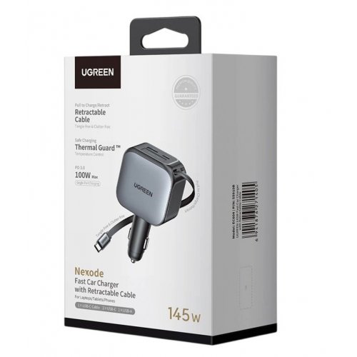 Автомобильное зарядное устройство Ugreen EC604 USB + 2 x USB Type-C with Retractable Cable 145W (55910B) Black купить в Украине: Киев, Днепр, Харьков, Одесса  | Низкая цена, отзывы, характеристики от TELEMART фото