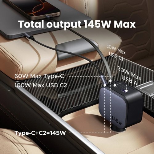 Автомобильное зарядное устройство Ugreen EC604 USB + 2 x USB Type-C with Retractable Cable 145W (55910B) Black купить в Украине: Киев, Днепр, Харьков, Одесса  | Низкая цена, отзывы, характеристики от TELEMART фото
