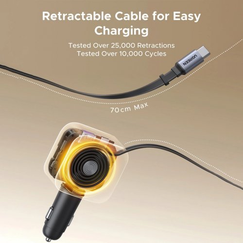 Автомобильное зарядное устройство Ugreen EC604 USB + 2 x USB Type-C with Retractable Cable 145W (55910B) Black купить в Украине: Киев, Днепр, Харьков, Одесса  | Низкая цена, отзывы, характеристики от TELEMART фото