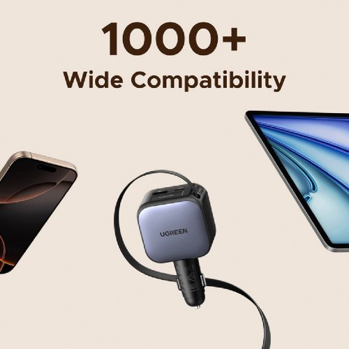 Автомобильное зарядное устройство Ugreen EC604 USB + 2 x USB Type-C with Retractable Cable 145W (55910B) Black купить в Украине: Киев, Днепр, Харьков, Одесса  | Низкая цена, отзывы, характеристики от TELEMART фото