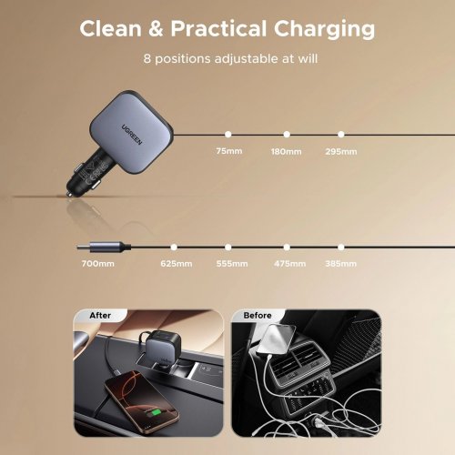 Автомобильное зарядное устройство Ugreen EC604 USB + 2 x USB Type-C with Retractable Cable 145W (55910B) Black купить в Украине: Киев, Днепр, Харьков, Одесса  | Низкая цена, отзывы, характеристики от TELEMART фото