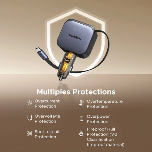 Автомобильное зарядное устройство Ugreen EC604 USB + 2 x USB Type-C with Retractable Cable 145W (55910B) Black купить в Украине: Киев, Днепр, Харьков, Одесса  | Низкая цена, отзывы, характеристики от TELEMART фото