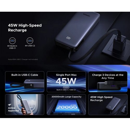 Powerbank Ugreen PB536 20000mAh 45W (55988B) Grey купить в Украине: Киев, Днепр, Харьков, Одесса  | Низкая цена, отзывы, характеристики от TELEMART фото