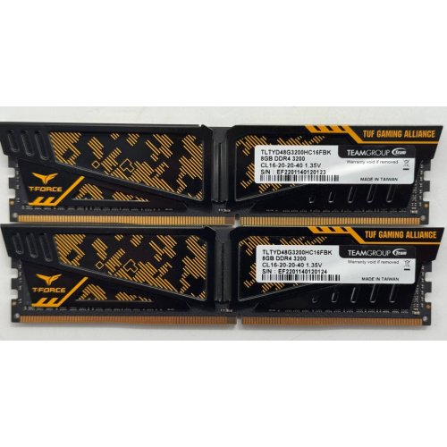 Озу Team DDR4 16GB (2x8GB) 3200Mhz Vulcan TUF Gaming Yellow (TLTYD416G3200HC16FDC01) (Восстановлено продавцом, 858856) купить в Украине: Киев, Днепр, Харьков, Одесса  | Проверка совместимости, низкая цена, отзывы, характеристики от TELEMART фото