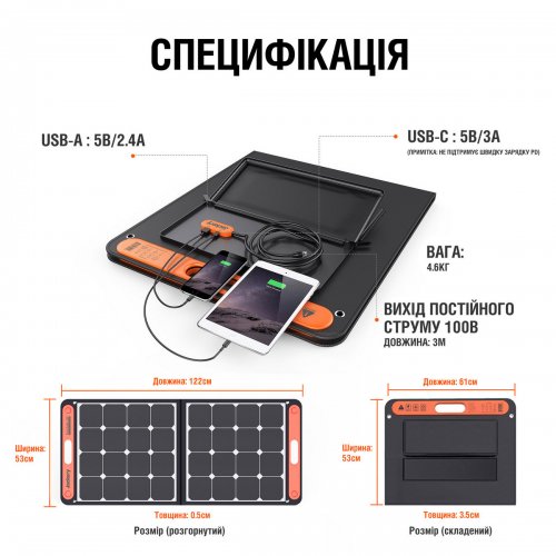 Сонячна панель Jackery SolarSaga 100W (21-0002-000059) купити в Україні: Київ, Львів, Хмельницький, Тернопіль, Івано-Франківськ | Низька ціна, відгуки, характеристики від TELEMART фото
