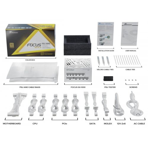 Уценка блок питания Seasonic Focus GX-750W ATX 3.1 (FOCUS-GX-750-ATX31-WHITE) White (Следы использования, 861808) купить в Украине: Киев, Днепр, Харьков, Одесса  | Проверка совместимости, низкая цена, отзывы, характеристики от TELEMART фото