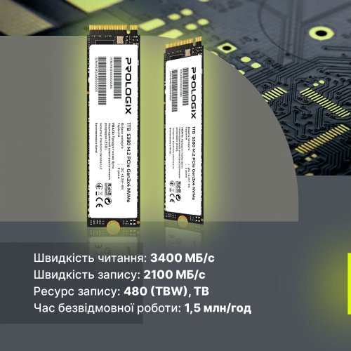 SSD-диск Prologix S380 3D TLC 1TB M.2 (2280 PCI-E) NVMe x4 (PRO1000GS380) купити в Україні: Київ, Львів, Хмельницький, Тернопіль, Івано-Франківськ | Перевірка сумісності, низька ціна, відгуки, характеристики від TELEMART фото