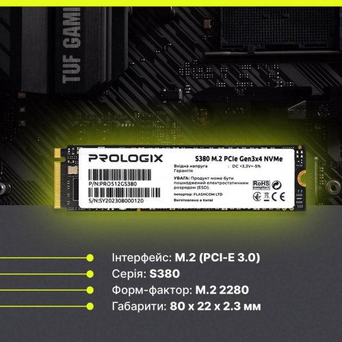 SSD-диск Prologix S380 3D TLC 512GB M.2 (2280 PCI-E) NVMe x4 (PRO512GS380) купити в Україні: Київ, Львів, Хмельницький, Тернопіль, Івано-Франківськ | Перевірка сумісності, низька ціна, відгуки, характеристики від TELEMART фото