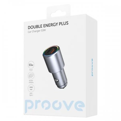 Автомобільний зарядний пристрій Proove Double Energy Plus USB + USB Type-C 53W (ACDE53110004) Metal Gray купити в Україні: Київ, Львів, Хмельницький, Тернопіль, Івано-Франківськ | Низька ціна, відгуки, характеристики від TELEMART фото