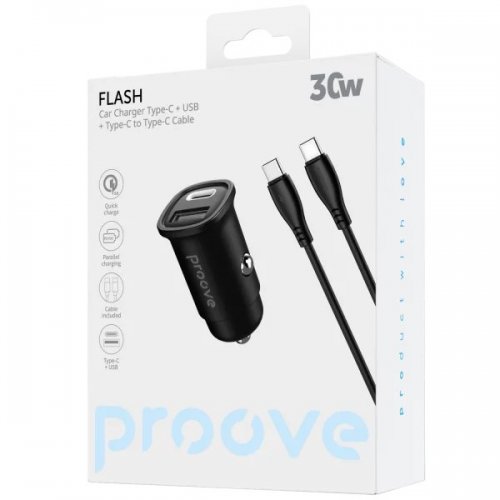 Автомобільний зарядний пристрій Proove Flash USB + USB Type-C 30W + Cable Type-C to Type-C (CCFC30111201) Black купити в Україні: Київ, Львів, Хмельницький, Тернопіль, Івано-Франківськ | Низька ціна, відгуки, характеристики від TELEMART фото