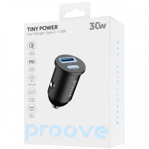 Автомобільний зарядний пристрій Proove Tiny Power USB + USB Type-C 30W (ACTP30111201) Black купити в Україні: Київ, Львів, Хмельницький, Тернопіль, Івано-Франківськ | Низька ціна, відгуки, характеристики від TELEMART фото