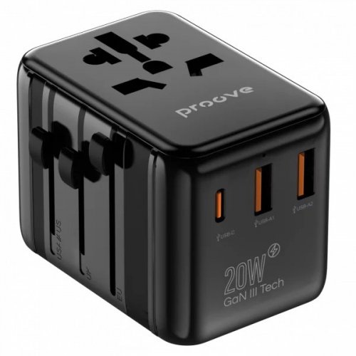 Адаптер для подорожей Proove Trip 2 x USB + USB Type-C 20W (TATL20310001) Black купити в Україні: Київ, Львів, Хмельницький, Тернопіль, Івано-Франківськ | Низька ціна, відгуки, характеристики від TELEMART фото