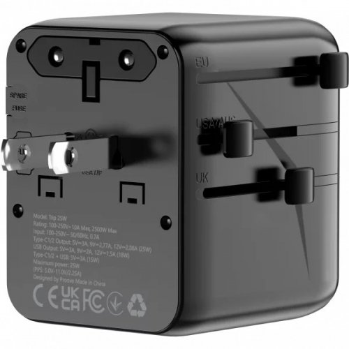 Адаптер для подорожей Proove Trip 2 x USB + USB Type-C 25W (TATL25310001) Black купити в Україні: Київ, Львів, Хмельницький, Тернопіль, Івано-Франківськ | Низька ціна, відгуки, характеристики від TELEMART фото