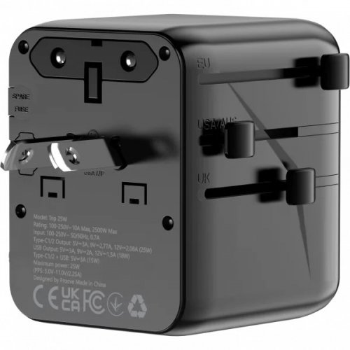 Адаптер для подорожей Proove Trip 2 x USB + USB Type-C 25W (TATL25310001) Black купити в Україні: Київ, Львів, Хмельницький, Тернопіль, Івано-Франківськ | Низька ціна, відгуки, характеристики від TELEMART фото