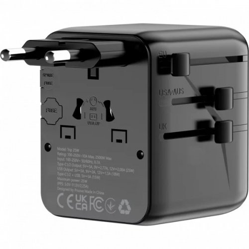 Адаптер для подорожей Proove Trip 2 x USB + USB Type-C 25W (TATL25310001) Black купити в Україні: Київ, Львів, Хмельницький, Тернопіль, Івано-Франківськ | Низька ціна, відгуки, характеристики від TELEMART фото