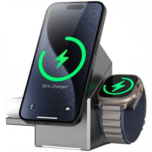 Беспроводное зарядное устройство Proove Iron Hide 3 in 1 Qi2 (WSIH15000003) Gray купить в Украине: Киев, Днепр, Харьков, Одесса  | Низкая цена, отзывы, характеристики от TELEMART фото