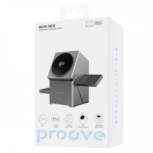 Беспроводное зарядное устройство Proove Iron Hide 3 in 1 Qi2 (WSIH15000003) Gray купить в Украине: Киев, Днепр, Харьков, Одесса  | Низкая цена, отзывы, характеристики от TELEMART фото