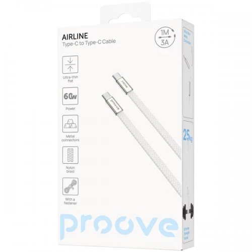 Кабель Proove AirLine USB Type-C to USB Type-C 60W 1m (CCAI60002202) White купить в Украине: Киев, Днепр, Харьков, Одесса  | Низкая цена, отзывы, характеристики от TELEMART фото