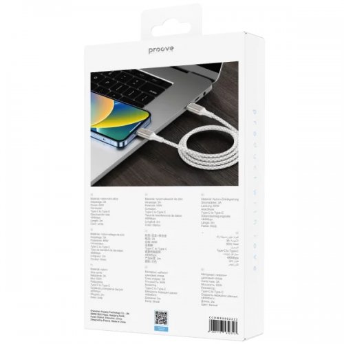 Кабель Proove Dense Metal USB Type-C to USB Type-C 60W 2m (CCDM60002222) White купить в Украине: Киев, Днепр, Харьков, Одесса  | Низкая цена, отзывы, характеристики от TELEMART фото