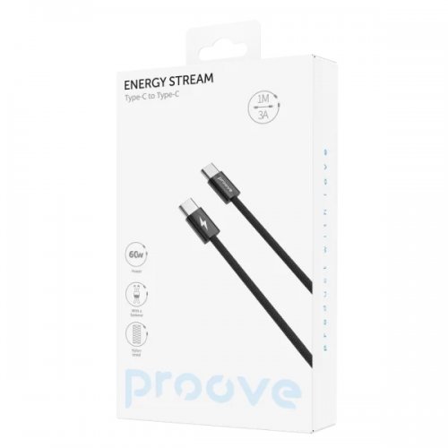 Кабель Proove Energy Stream USB Type-C to USB Type-C 60W 1m (CCES60002201) Black купить в Украине: Киев, Днепр, Харьков, Одесса  | Низкая цена, отзывы, характеристики от TELEMART фото