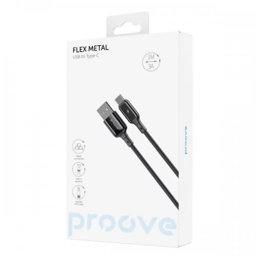 Кабель Proove Flex Metal USB to USB Type-C 3A 1m (CCFM20001201) Black купить в Украине: Киев, Днепр, Харьков, Одесса  | Низкая цена, отзывы, характеристики от TELEMART фото