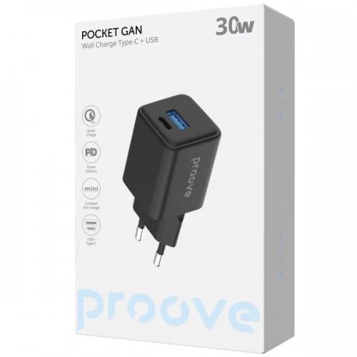 Мережевий зарядний пристрій Proove Pocket GaN USB + USB Type-C 30W (WCPG30110001) Black купити в Україні: Київ, Львів, Хмельницький, Тернопіль, Івано-Франківськ | Низька ціна, відгуки, характеристики від TELEMART фото