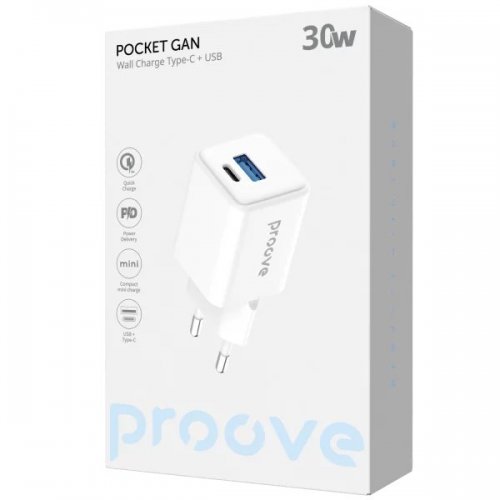 Мережевий зарядний пристрій Proove Pocket GaN USB + USB Type-C 30W (WCPG30110002) White купити в Україні: Київ, Львів, Хмельницький, Тернопіль, Івано-Франківськ | Низька ціна, відгуки, характеристики від TELEMART фото