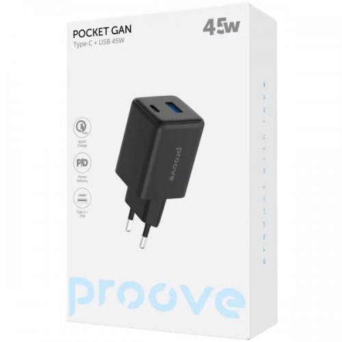 Мережевий зарядний пристрій Proove Pocket GaN USB + USB Type-C 45W (WCPG45110001) Black купити в Україні: Київ, Львів, Хмельницький, Тернопіль, Івано-Франківськ | Низька ціна, відгуки, характеристики від TELEMART фото