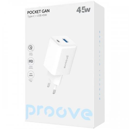 Мережевий зарядний пристрій Proove Pocket GaN USB + USB Type-C 45W (WCPG45110002) White купити в Україні: Київ, Львів, Хмельницький, Тернопіль, Івано-Франківськ | Низька ціна, відгуки, характеристики від TELEMART фото