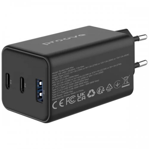 Мережевий зарядний пристрій Proove Pocket GaN USB + 2 x USB Type-C 65W (WCPG65121201) Black купити в Україні: Київ, Львів, Хмельницький, Тернопіль, Івано-Франківськ | Низька ціна, відгуки, характеристики від TELEMART фото