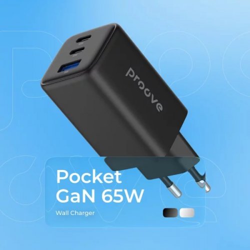 Мережевий зарядний пристрій Proove Pocket GaN USB + 2 x USB Type-C 65W (WCPG65121201) Black купити в Україні: Київ, Львів, Хмельницький, Тернопіль, Івано-Франківськ | Низька ціна, відгуки, характеристики від TELEMART фото