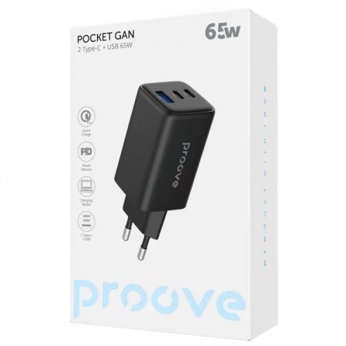 Мережевий зарядний пристрій Proove Pocket GaN USB + 2 x USB Type-C 65W (WCPG65121201) Black купити в Україні: Київ, Львів, Хмельницький, Тернопіль, Івано-Франківськ | Низька ціна, відгуки, характеристики від TELEMART фото