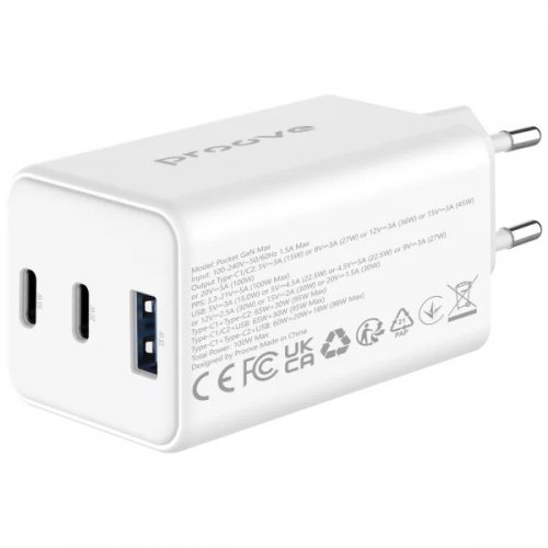 Мережевий зарядний пристрій Proove Pocket GaN USB + 2 x USB Type-C 65W (WCPG65121202) White купити в Україні: Київ, Львів, Хмельницький, Тернопіль, Івано-Франківськ | Низька ціна, відгуки, характеристики від TELEMART фото