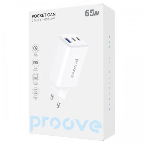 Мережевий зарядний пристрій Proove Pocket GaN USB + 2 x USB Type-C 65W (WCPG65121202) White купити в Україні: Київ, Львів, Хмельницький, Тернопіль, Івано-Франківськ | Низька ціна, відгуки, характеристики від TELEMART фото