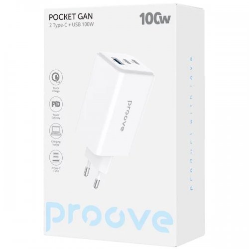 Сетевое зарядное устройство Proove Pocket GaN Max USB + 2 x USB Type-C 100W (WCPG10012202) White купить в Украине: Киев, Днепр, Харьков, Одесса  | Низкая цена, отзывы, характеристики от TELEMART фото