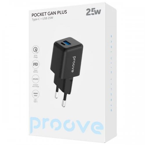 Мережевий зарядний пристрій Proove Pocket GaN Plus USB + USB Type-C 25W (WCPG25111201) Black купити в Україні: Київ, Львів, Хмельницький, Тернопіль, Івано-Франківськ | Низька ціна, відгуки, характеристики від TELEMART фото