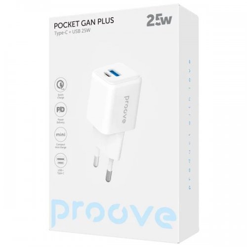 Мережевий зарядний пристрій Proove Pocket GaN Plus USB + USB Type-C 25W (WCPG25111202) White купити в Україні: Київ, Львів, Хмельницький, Тернопіль, Івано-Франківськ | Низька ціна, відгуки, характеристики від TELEMART фото