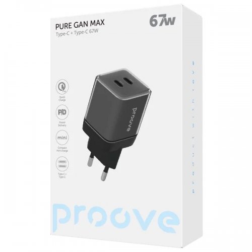 Сетевое зарядное устройство Proove Pure GaN Max 2 x USB Type-C 67W (WCPU67022201) Black купить в Украине: Киев, Днепр, Харьков, Одесса  | Низкая цена, отзывы, характеристики от TELEMART фото