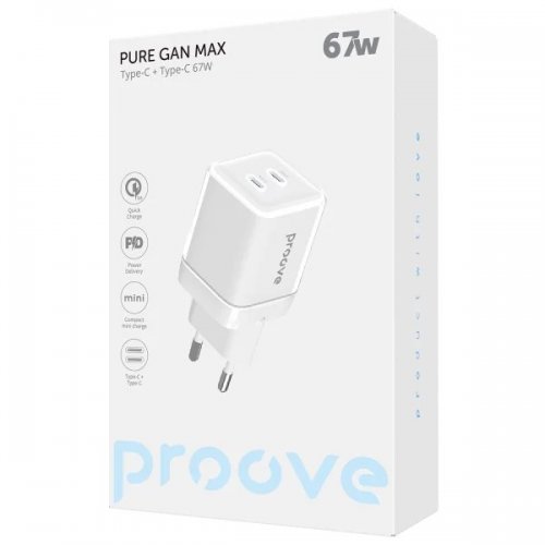 Сетевое зарядное устройство Proove Pure GaN Max 2 x USB Type-C 67W (WCPU67022202) White купить в Украине: Киев, Днепр, Харьков, Одесса  | Низкая цена, отзывы, характеристики от TELEMART фото