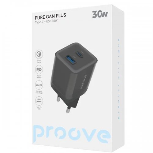 Мережевий зарядний пристрій Proove Pure GaN Plus USB + USB Type-C 30W (WCPU30111201) Black купити в Україні: Київ, Львів, Хмельницький, Тернопіль, Івано-Франківськ | Низька ціна, відгуки, характеристики від TELEMART фото
