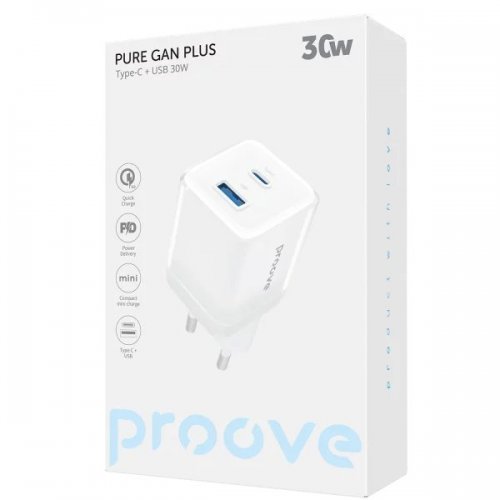 Мережевий зарядний пристрій Proove Pure GaN Plus USB + USB Type-C 30W (WCPU30111202) White купити в Україні: Київ, Львів, Хмельницький, Тернопіль, Івано-Франківськ | Низька ціна, відгуки, характеристики від TELEMART фото
