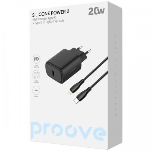 Мережевий зарядний пристрій Proove Silicone Power 2 20W USB Type-C + Cable USB Type-C to Lightning (WCSP22010001) Black купити в Україні: Київ, Львів, Хмельницький, Тернопіль, Івано-Франківськ | Низька ціна, відгуки, характеристики від TELEMART фото