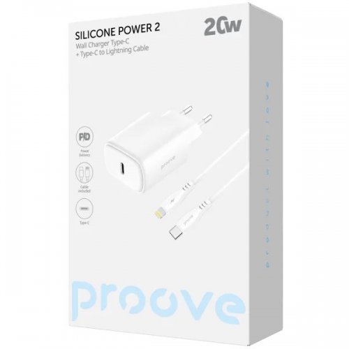 Мережевий зарядний пристрій Proove Silicone Power 2 20W USB Type-C + Cable USB Type-C to Lightning (WCSP22010002) White купити в Україні: Київ, Львів, Хмельницький, Тернопіль, Івано-Франківськ | Низька ціна, відгуки, характеристики від TELEMART фото