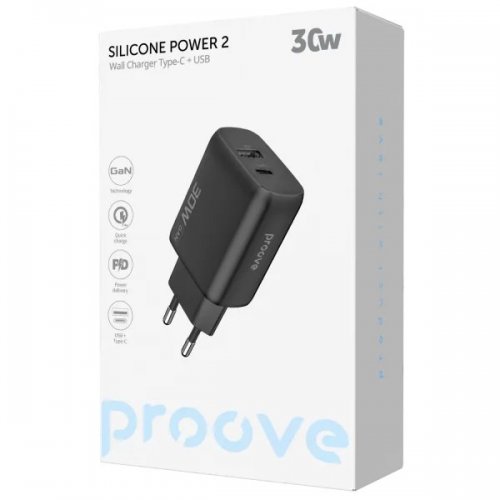 Мережевий зарядний пристрій Proove Silicone Power 2 30W USB + USB Type-C (WCSP23110001) Black купити в Україні: Київ, Львів, Хмельницький, Тернопіль, Івано-Франківськ | Низька ціна, відгуки, характеристики від TELEMART фото