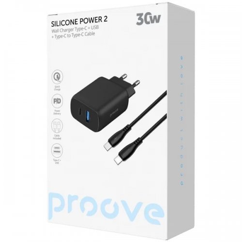 Мережевий зарядний пристрій Proove Silicone Power 2 30W USB + USB Type-C + Cable USB Type-C to USB Type-C (WCSP23011001) Black купити в Україні: Київ, Львів, Хмельницький, Тернопіль, Івано-Франківськ | Низька ціна, відгуки, характеристики від TELEMART фото
